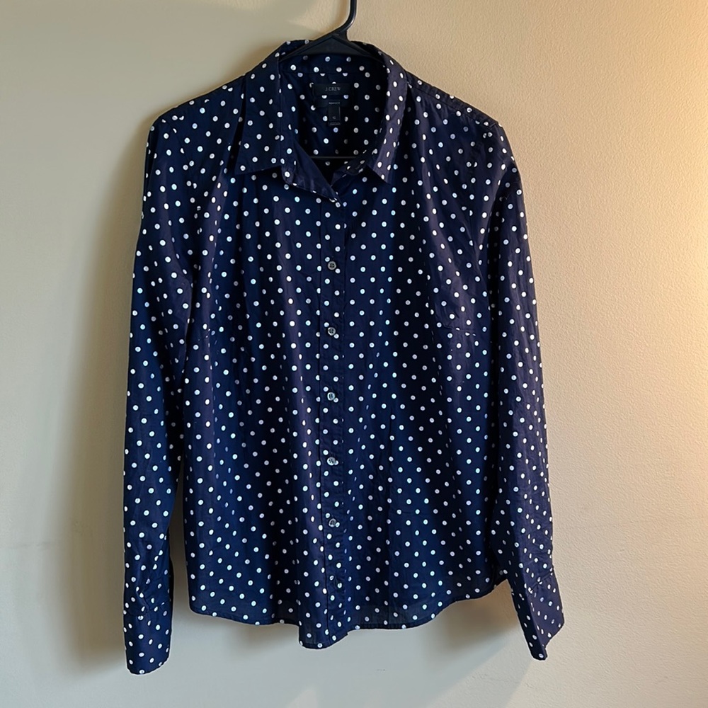 J Crew Navy and Silver Dot Button Down Shirt